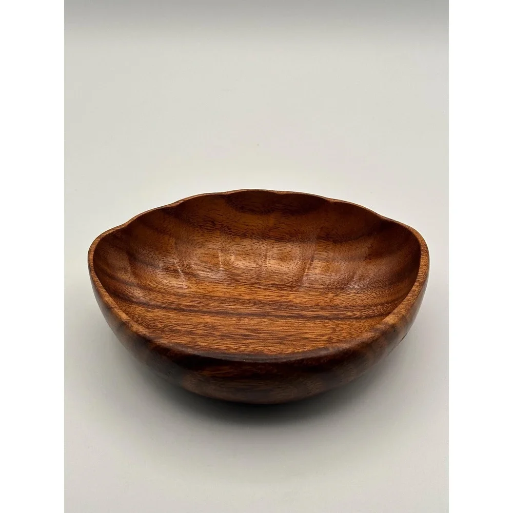 Vintage Hand Carved Wooden Bowl Scalloped Edge MCM Solid Wood